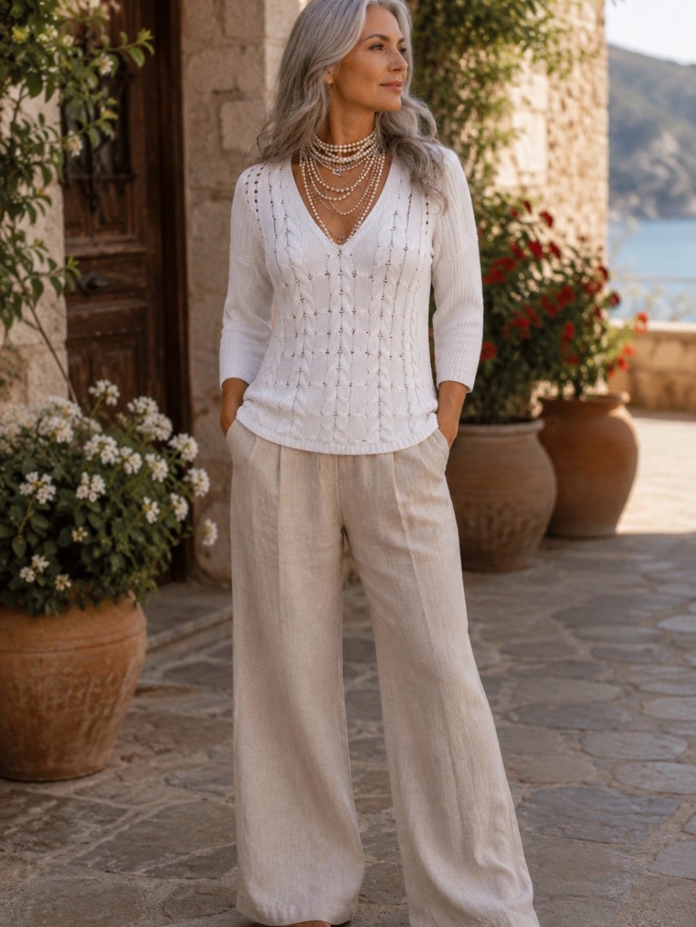 Express White Cable Knit V-Neck Tunic Sweater Size M